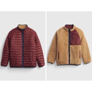 Gap Kids Reversible Puffer Sherpa Jacket Size 5 Years Brown Dark Claret